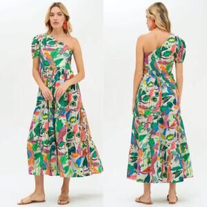 Oliphant NWT One Shoulder Maxi Dress Polly Green Sz Large Tropical